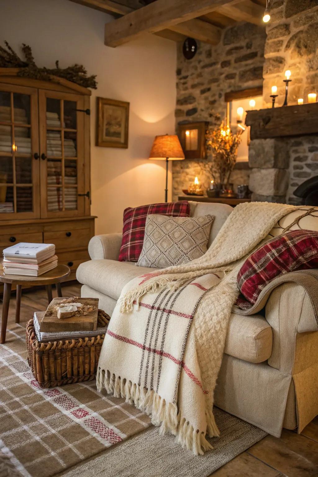 Layered comfy fabrics in a rustic family room.