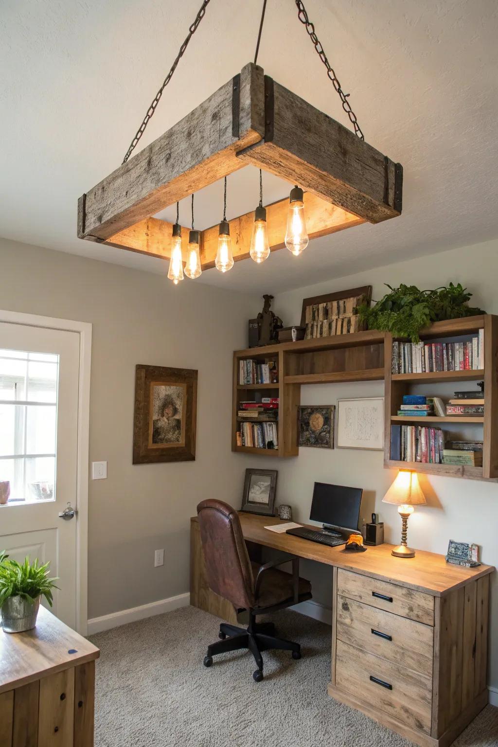 A handcrafted repurposed wood fixture introduces a distinctive touch to this home office.
