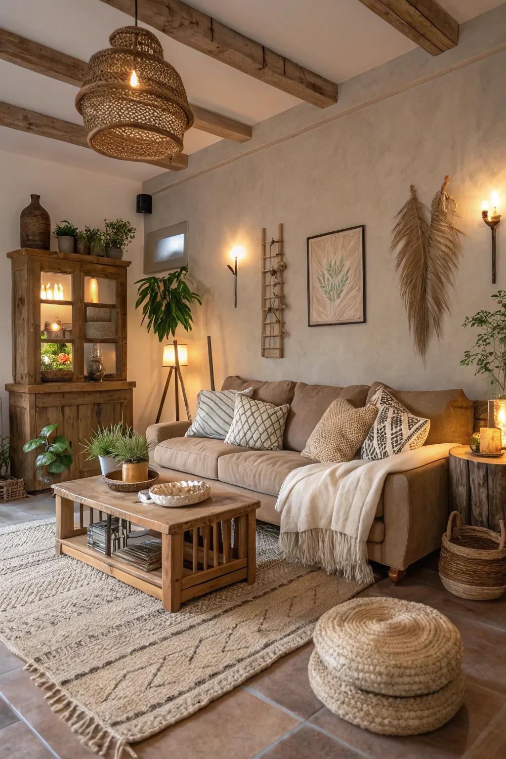 Neutral shades cultivate a tranquil and inviting ambiance within country-style living rooms.