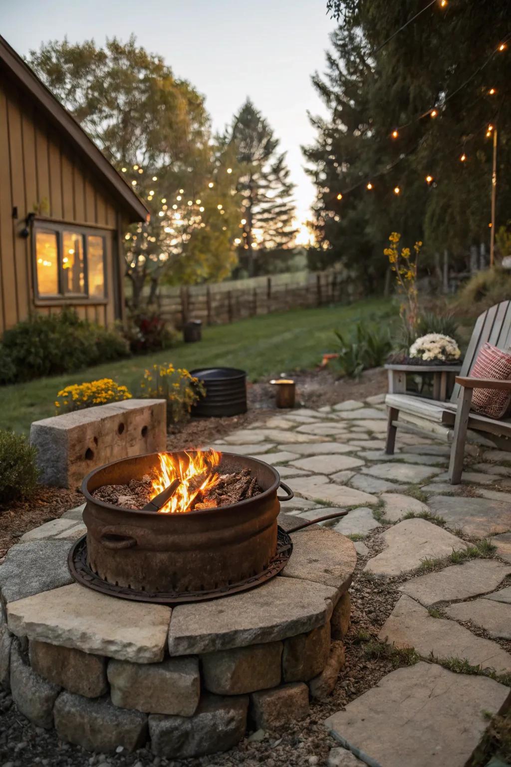 Where industrial meets rustic: a wheel rim fire pit.