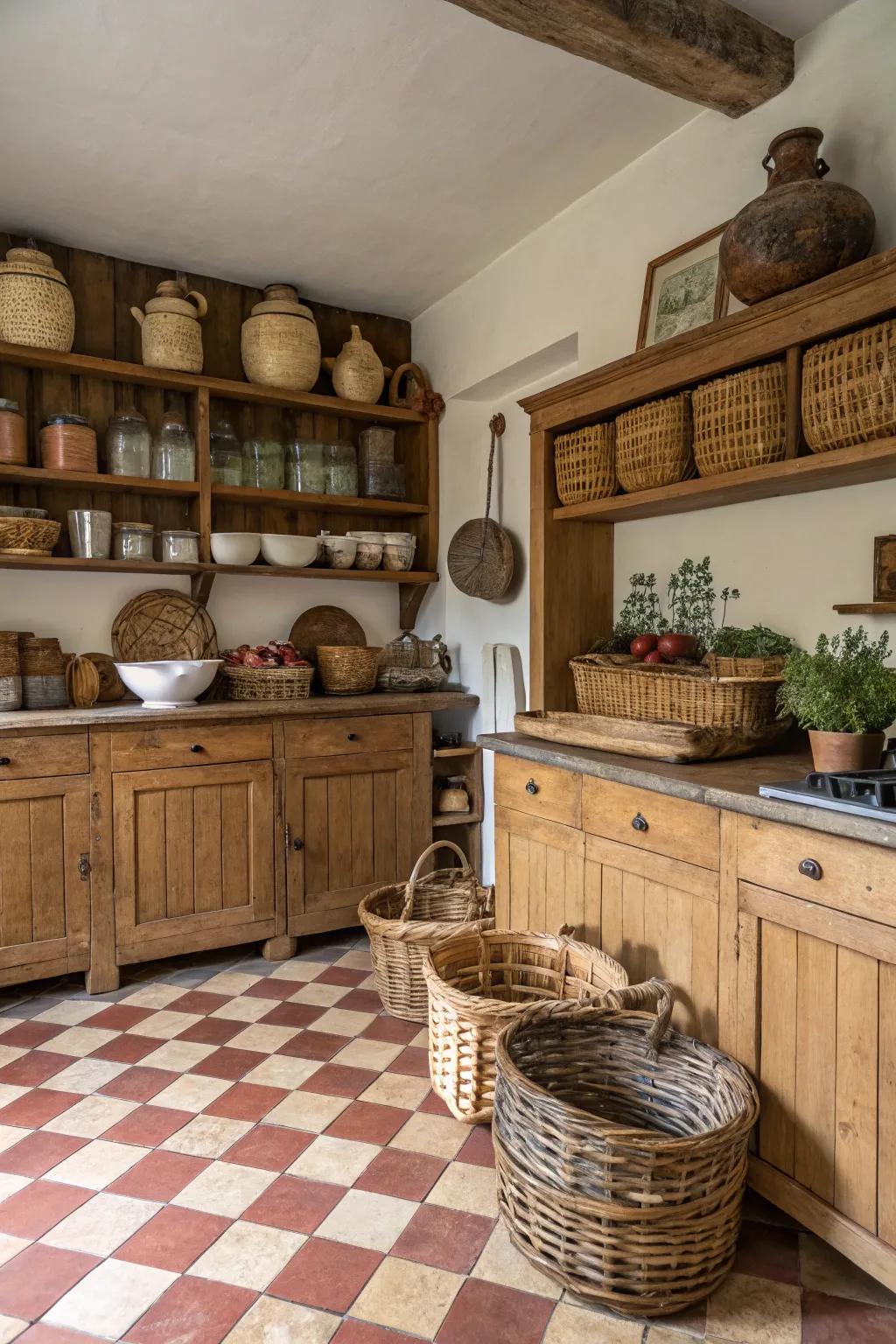 Stoneware and woven containers add country charm to this kitchen.