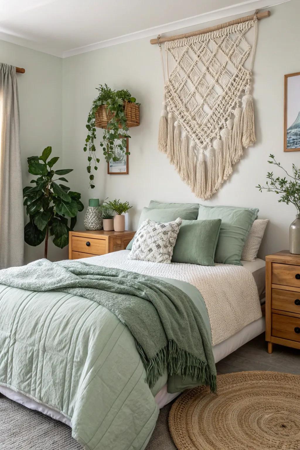 Fiber art adds an artisanal element to a rustic bedroom.
