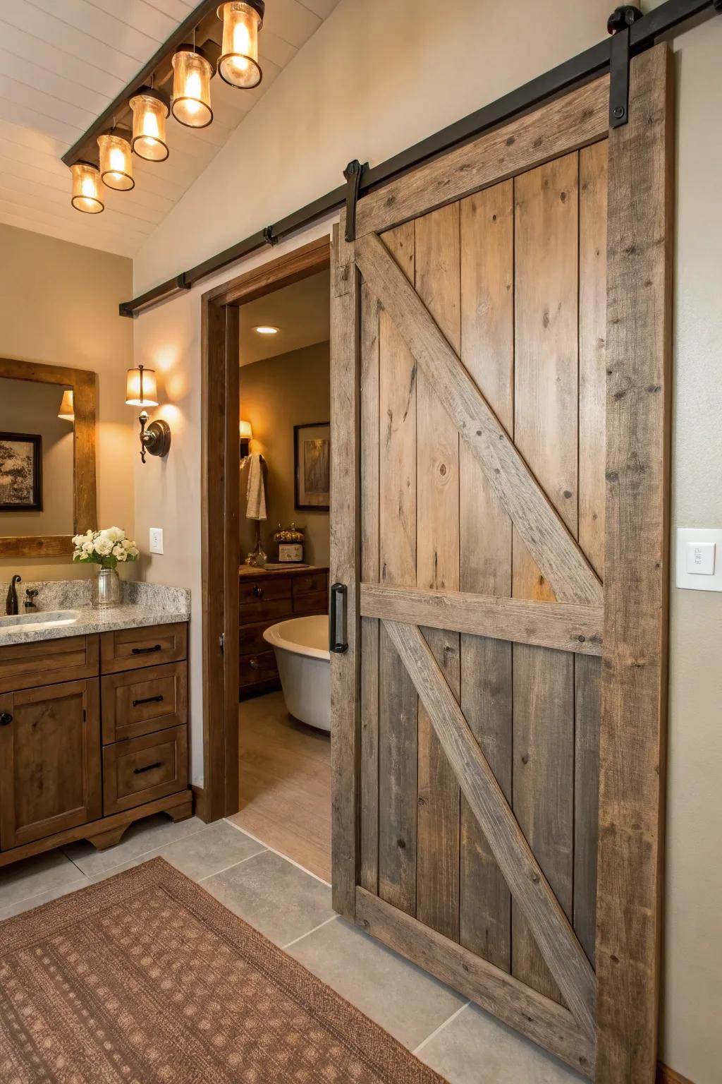 A rolling farmhouse door that adds rustic charm and saves space.