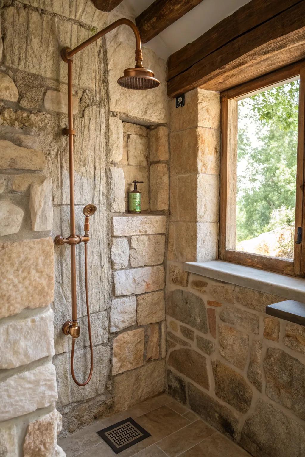 Brass fixtures introduce warmth and elegance to the countryside charm.