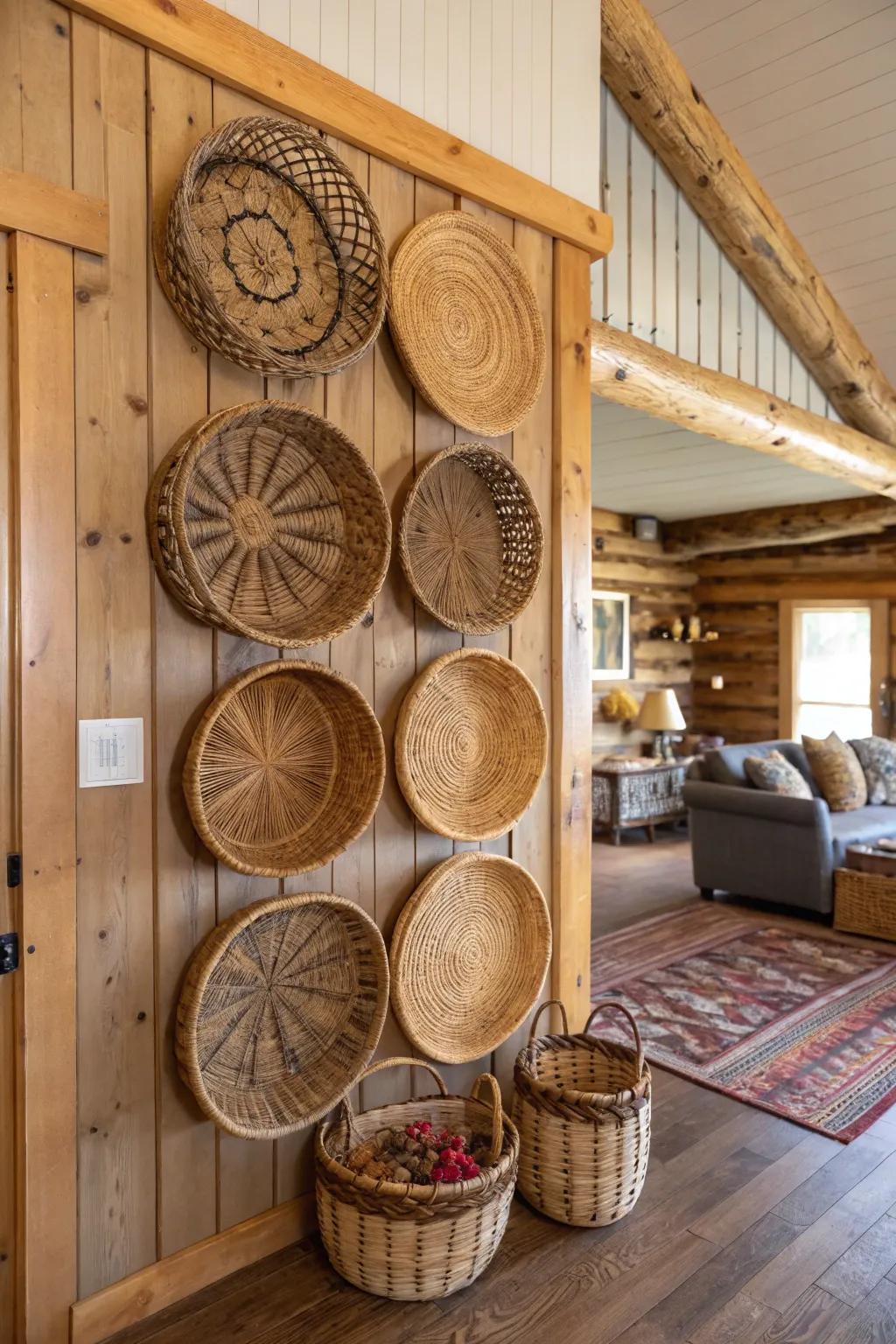 A set of braided baskets produces a striking and textured wall arrangement.