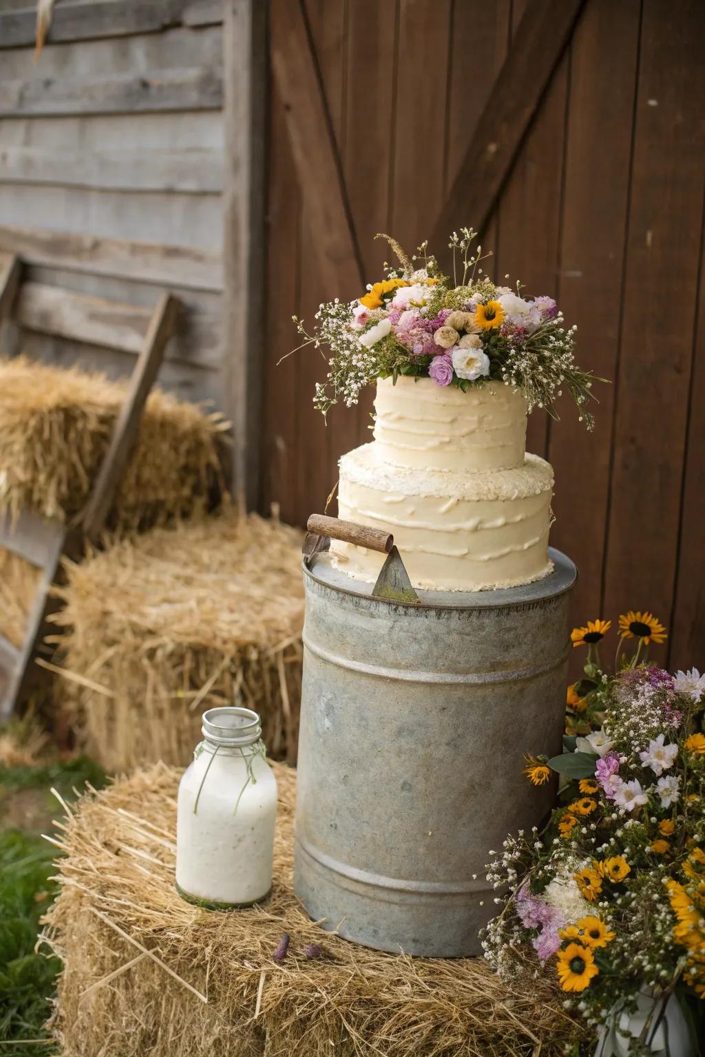 Charming antique dairy can base for a rustic cake display.