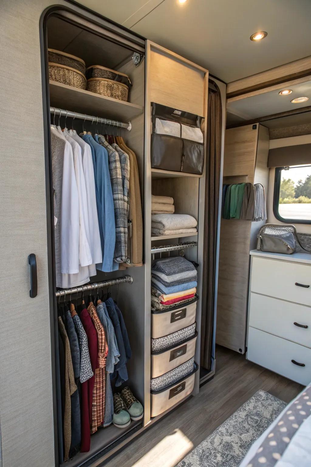 Foldable organizers increase storage options in an RV closet.