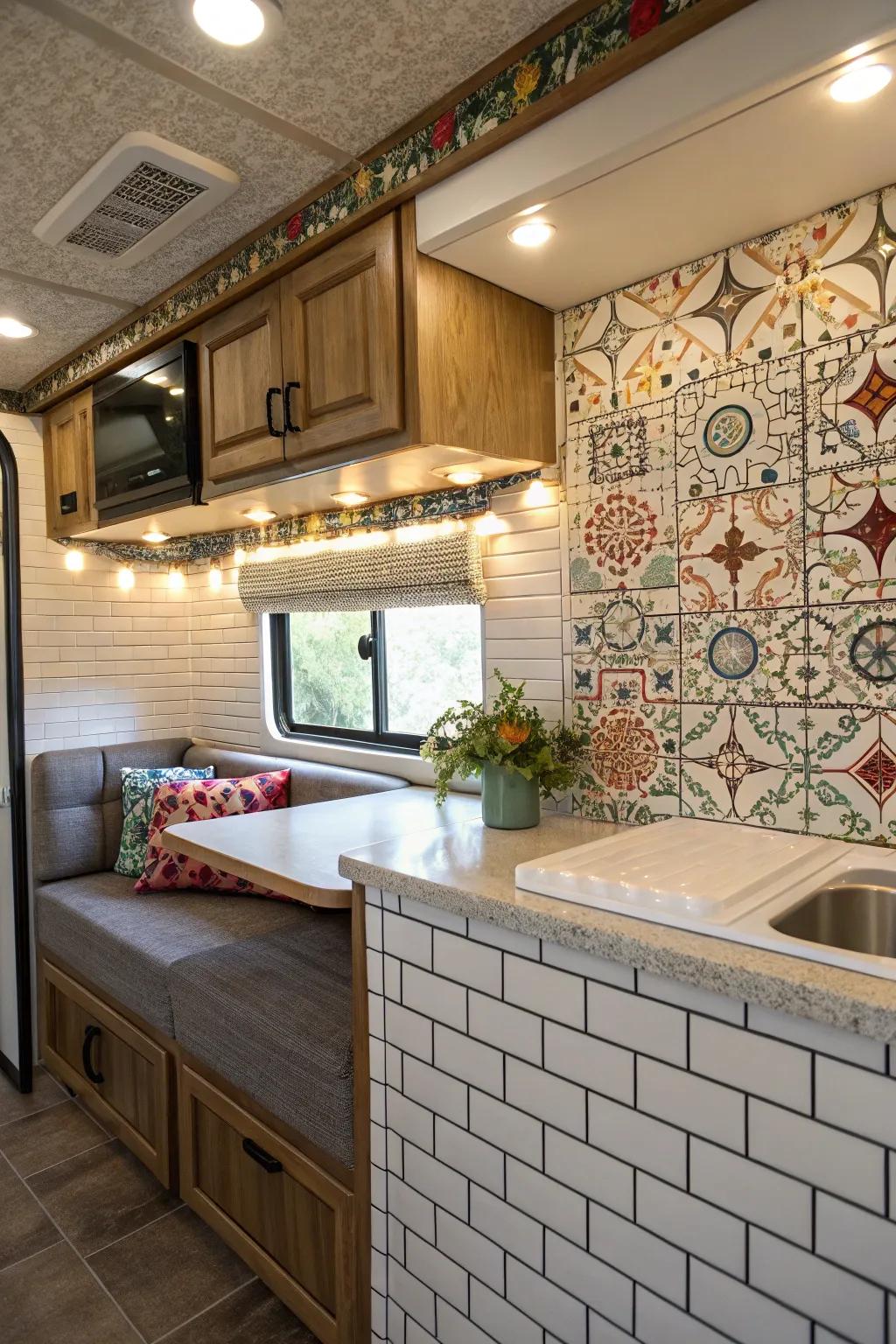 Textured exteriors augment profundity and captivation to this RV's interior.