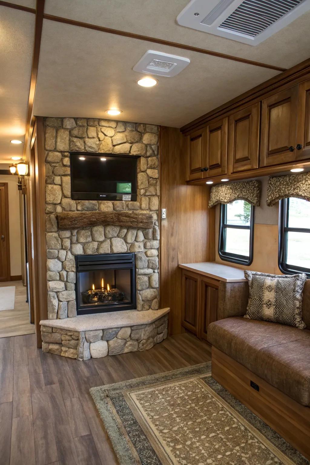 Add rustic charm using a stone-accented hearth.
