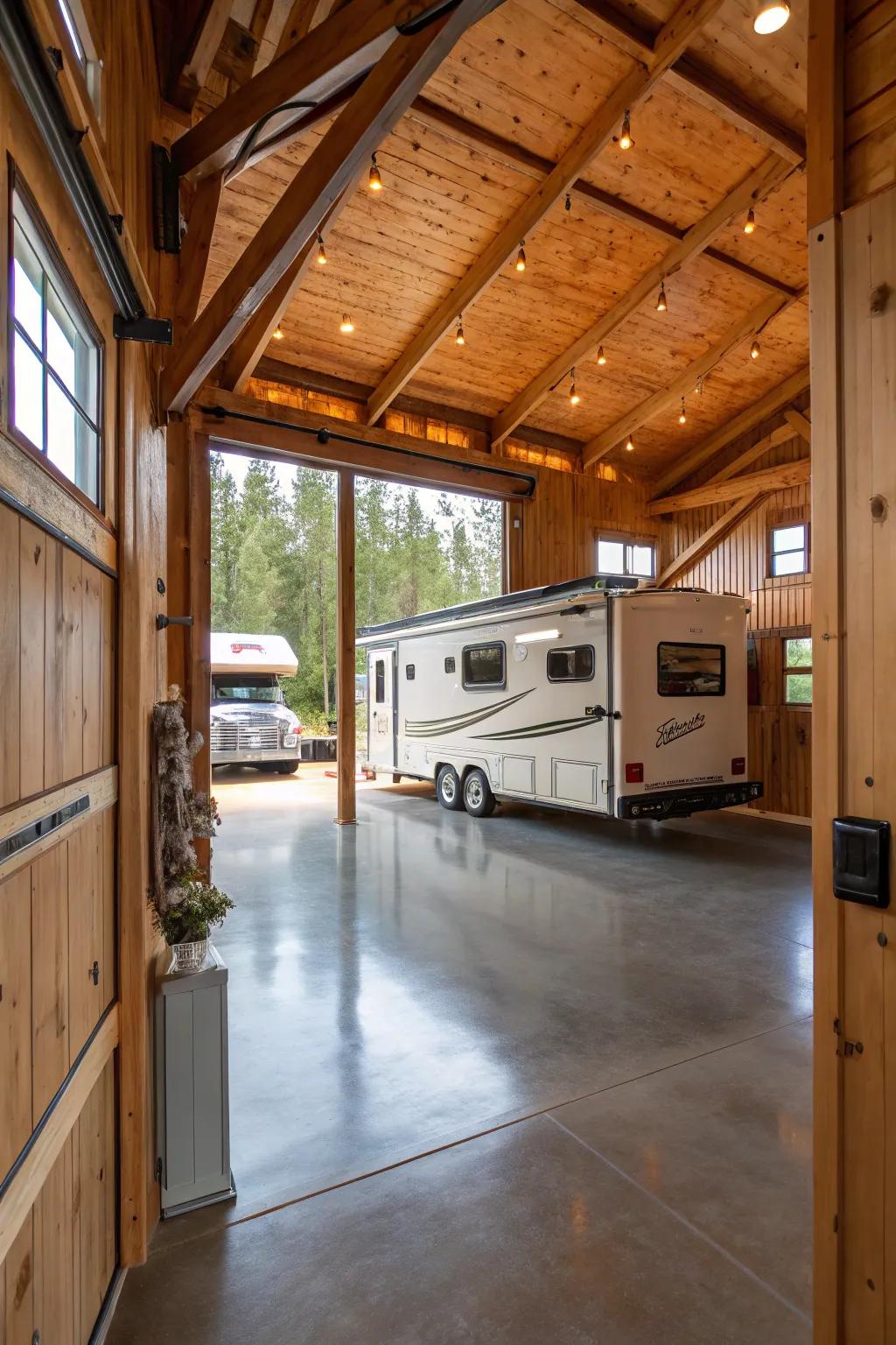 RV garage displaying a country aesthetic with salvaged timber and earthy hues.