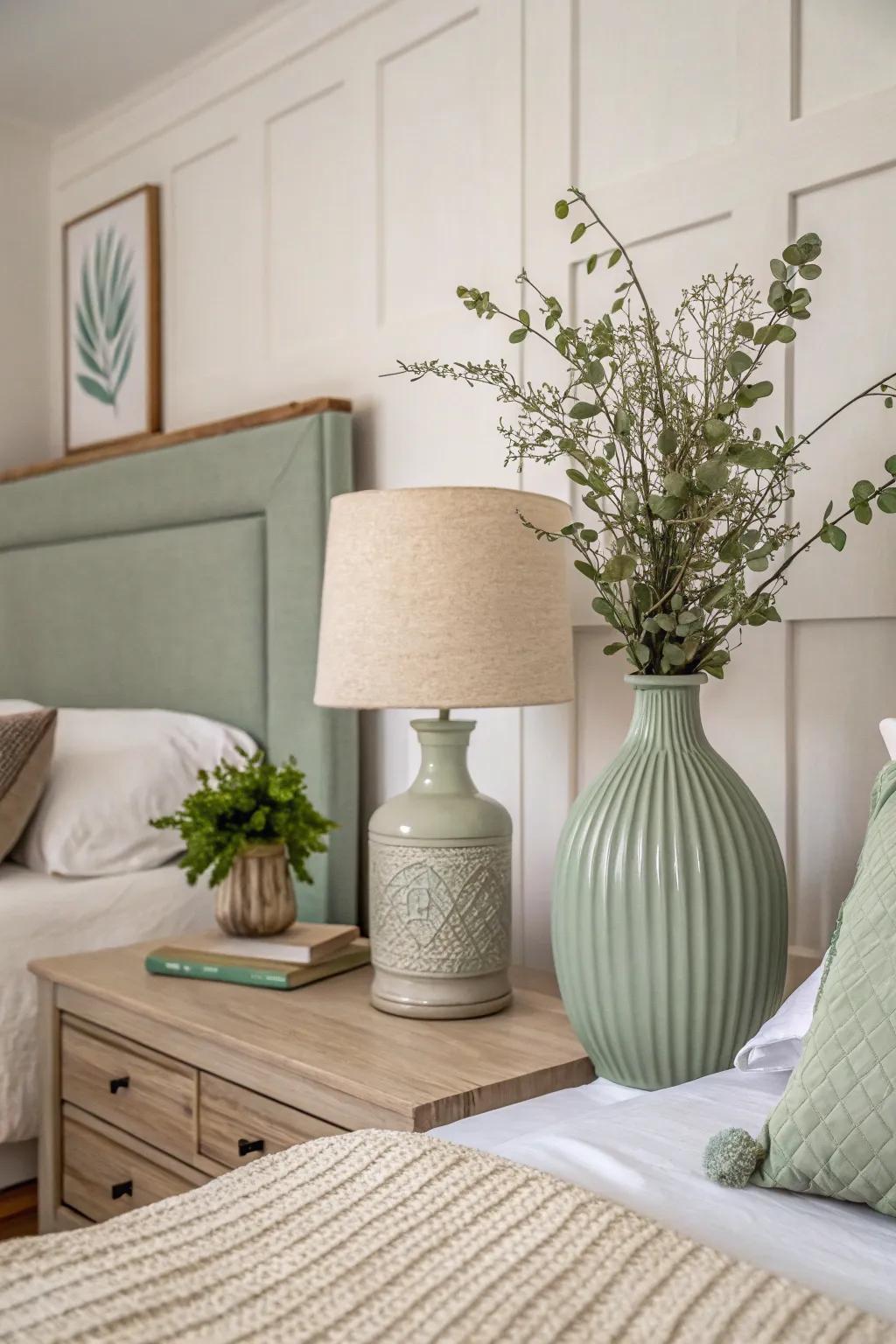 Simple sage green decor adds understated elegance to a serene bedroom.