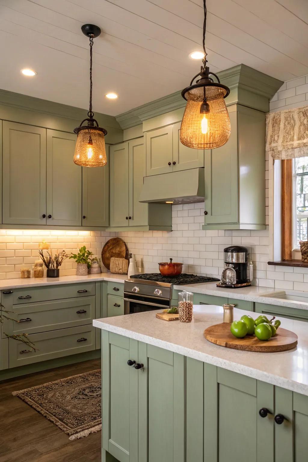 Toasty hanging lights highlighting the verdant hues.