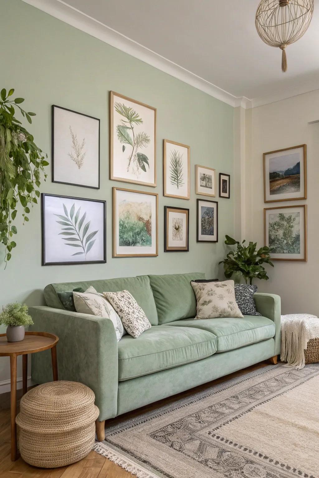 Wall art provides persona and depth to a sage green living room.