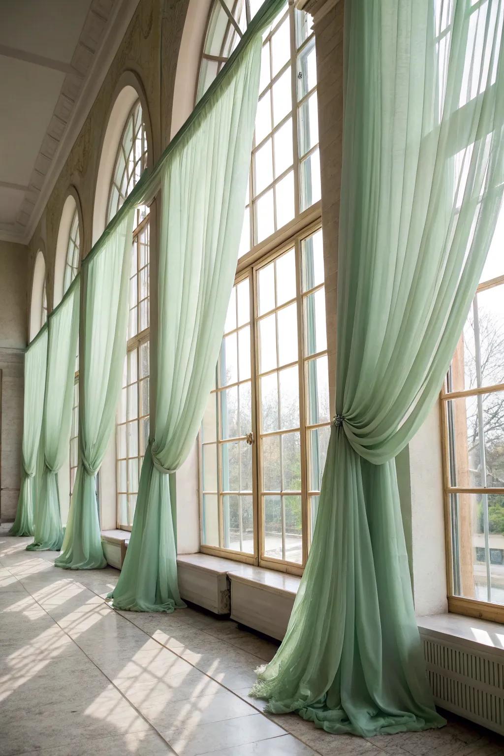 Elegant sage green curtains surrounding a sunlit window.