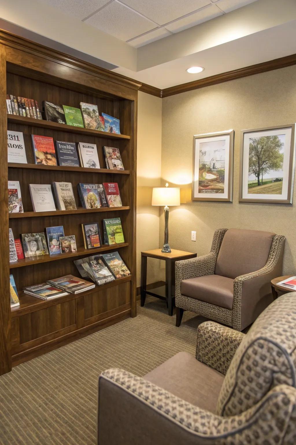 A mini library offers a source of inspiration and learning.