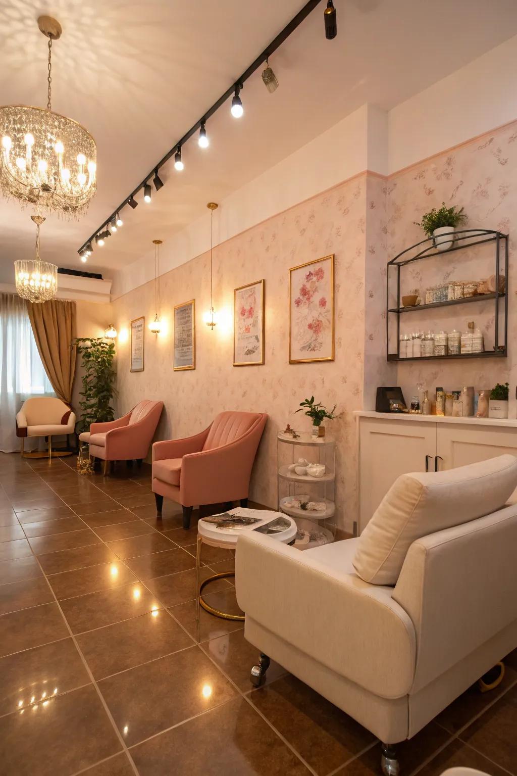 Warm lighting establishes a welcoming ambiance.