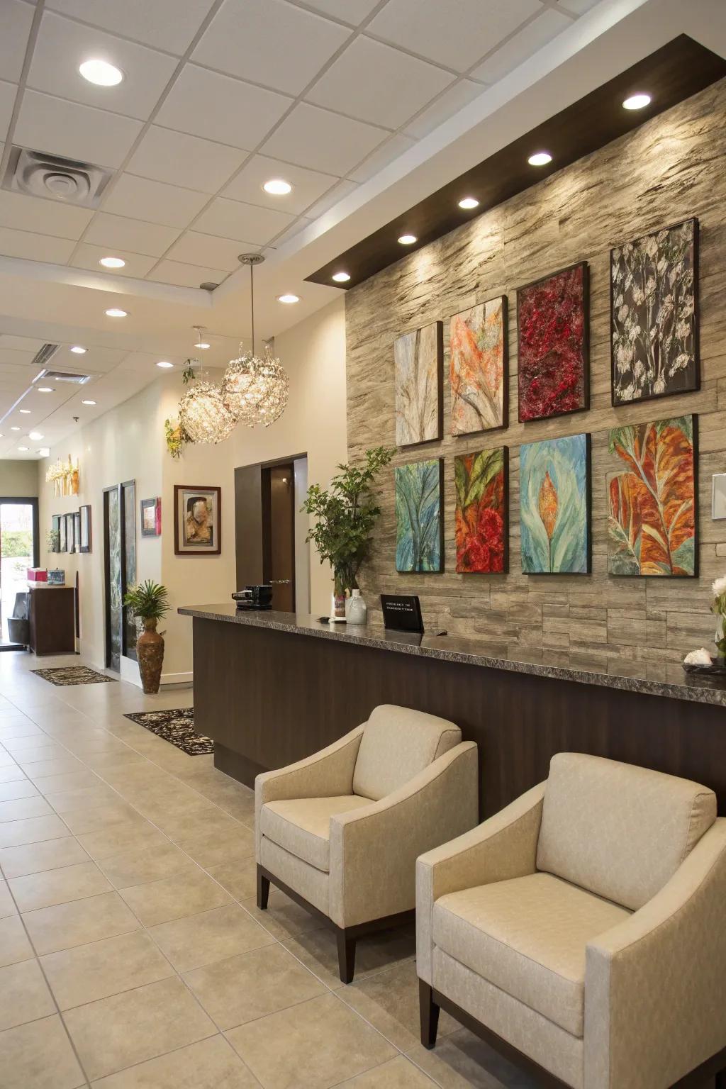 A salon reception area enhanced by creative wall decor, adding personality to the space.