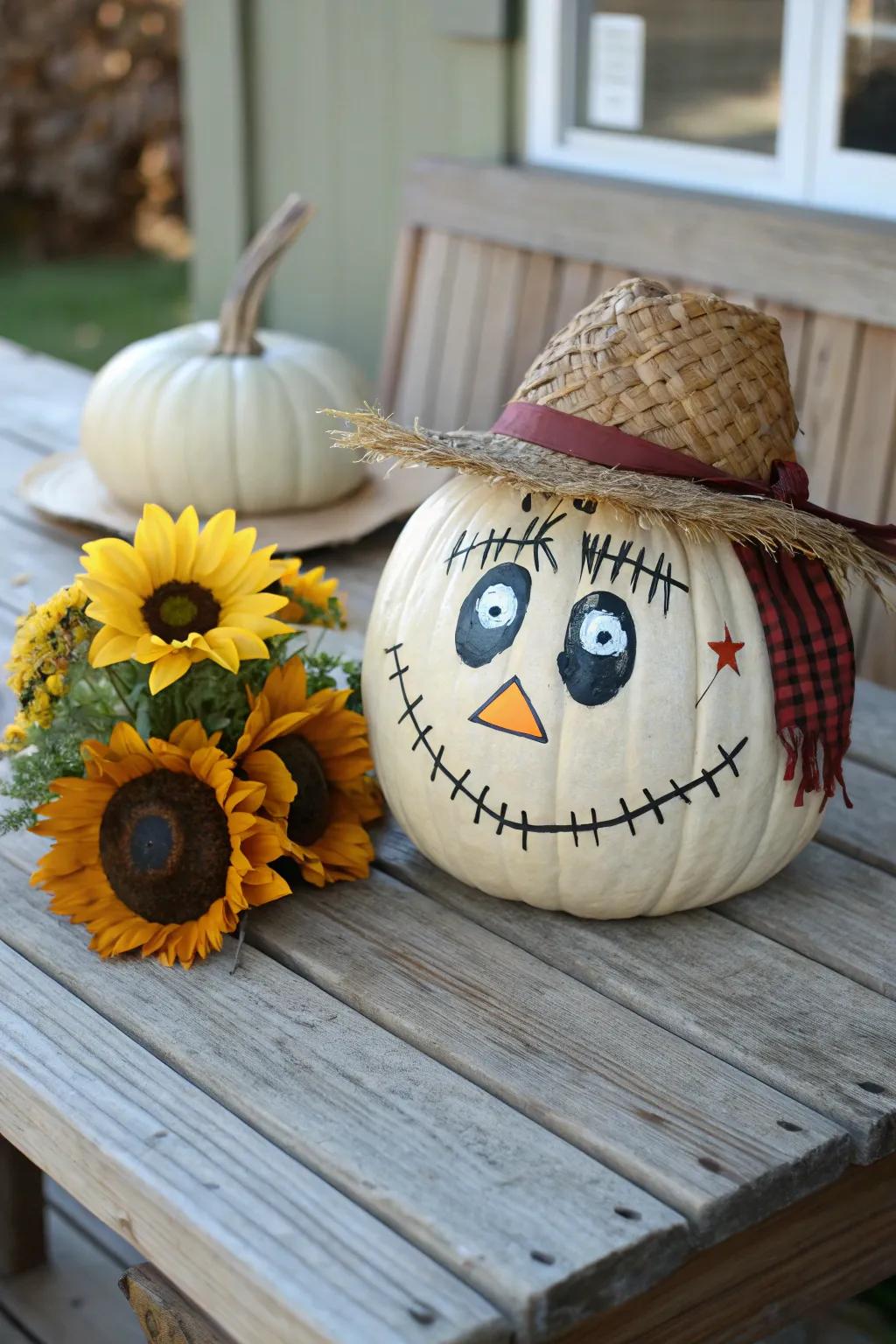 A sunflower contributes a cheerful nuance to a scarecrow pumpkin.