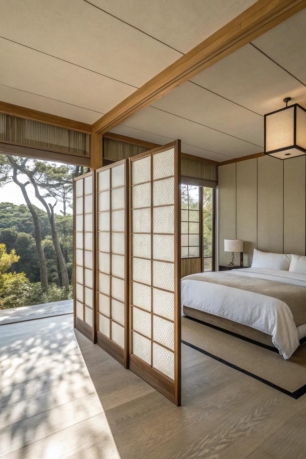 A minimalist partition adds peace to the bedroom.
