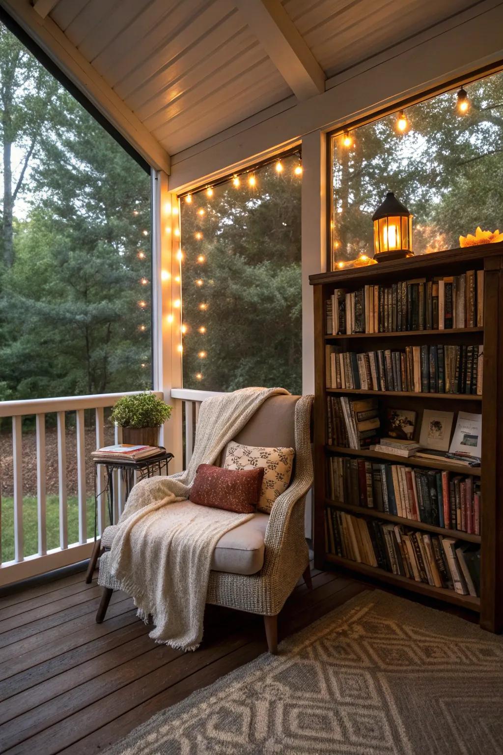 A reading nook on the porch gives a serene escape for book enthusiasts.