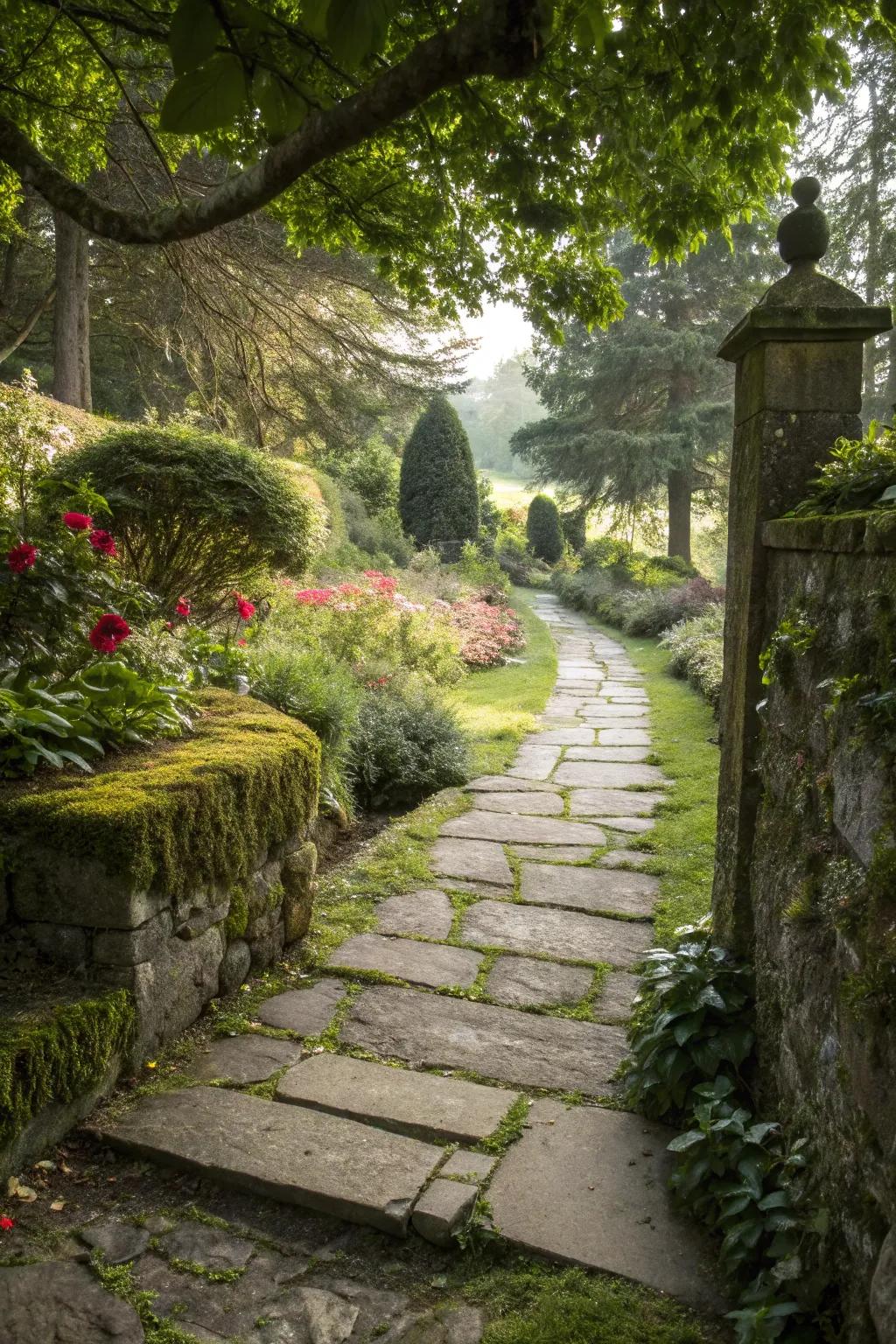 Stone walkways add structure and charm to garden areas.