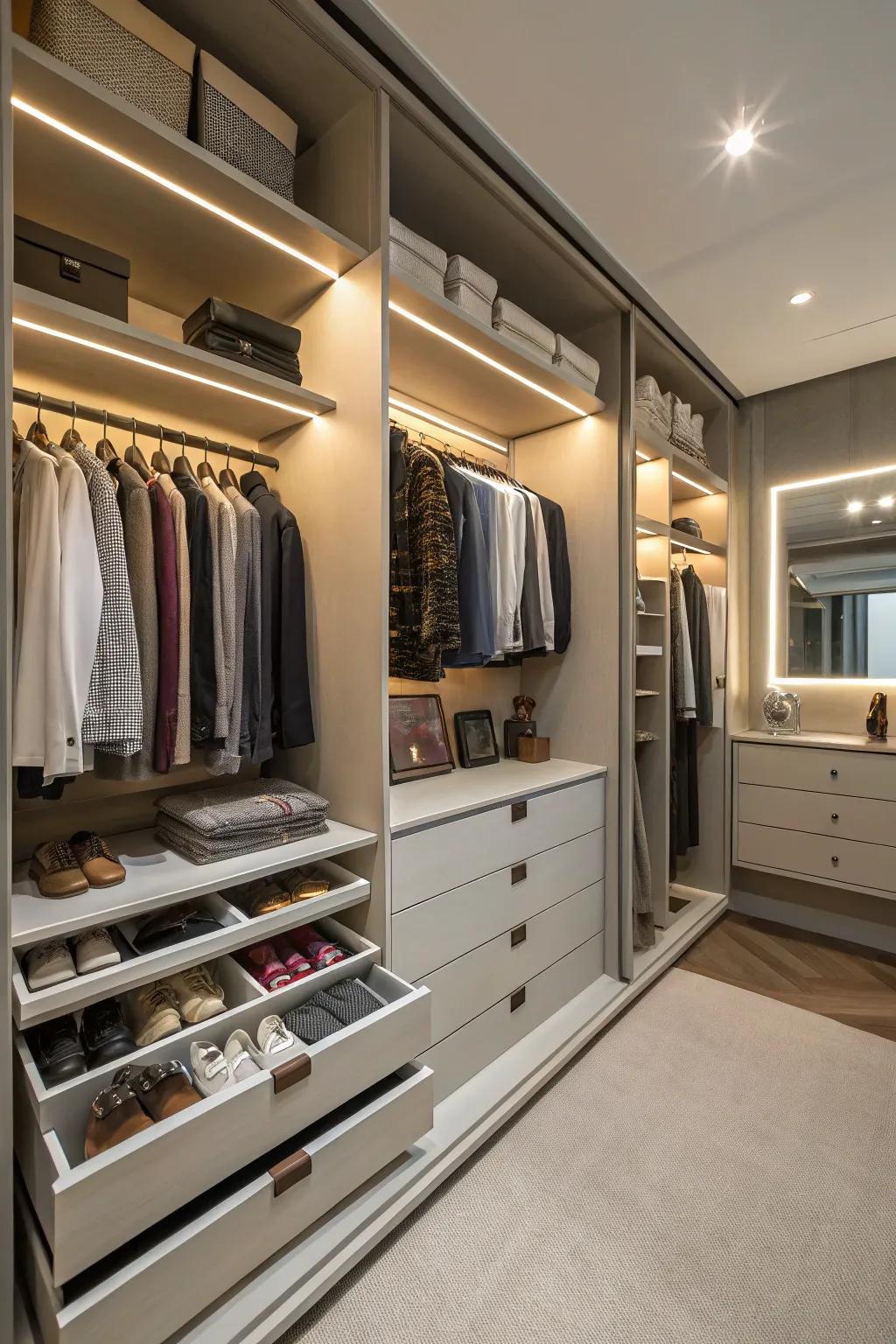 A closet fitted with refined drawer systems, achieving a polished visual effect.