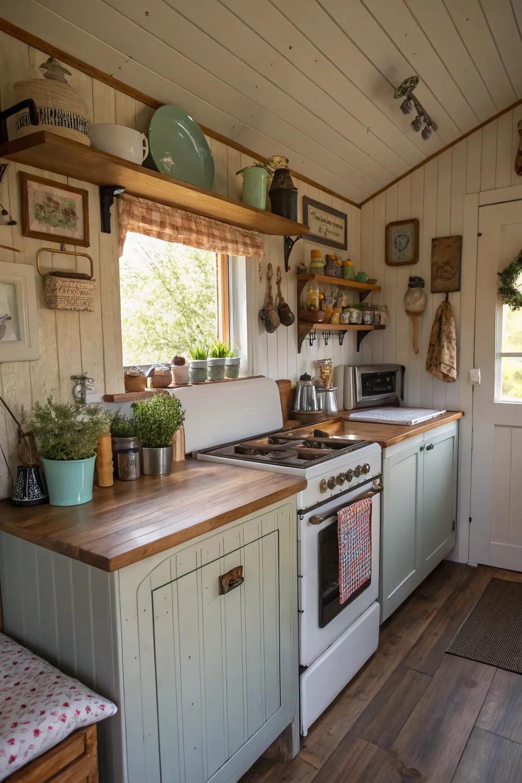 A compact shed home kitchen showcasing vintage details.