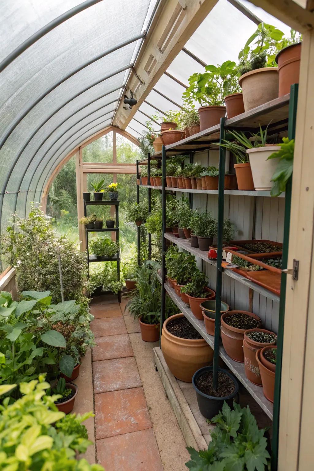 A shed transformed into a thriving greenhouse, perfect for plant lovers.