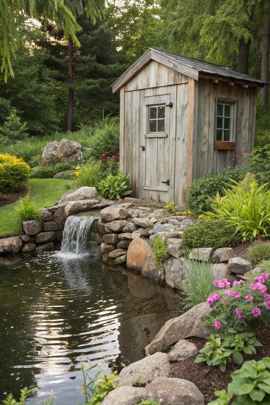 A tranquil scene with an outbuilding beside a calming hydrological detail.