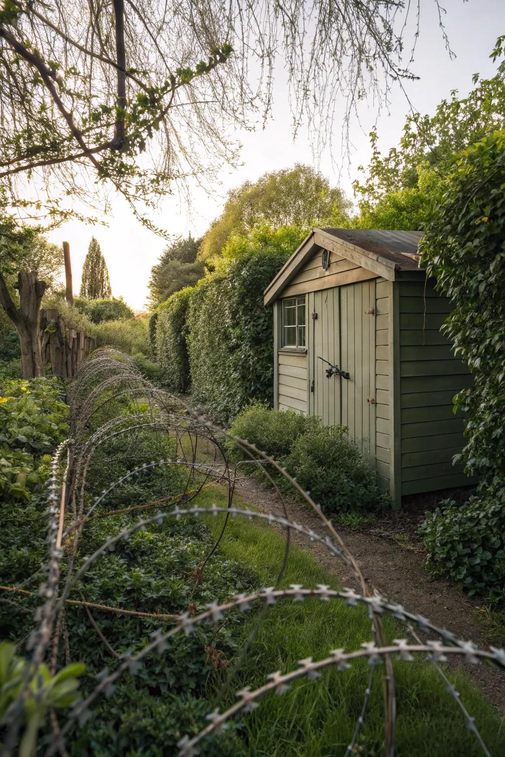 Thorny bushes act as a natural barrier surrounding the garden shed.