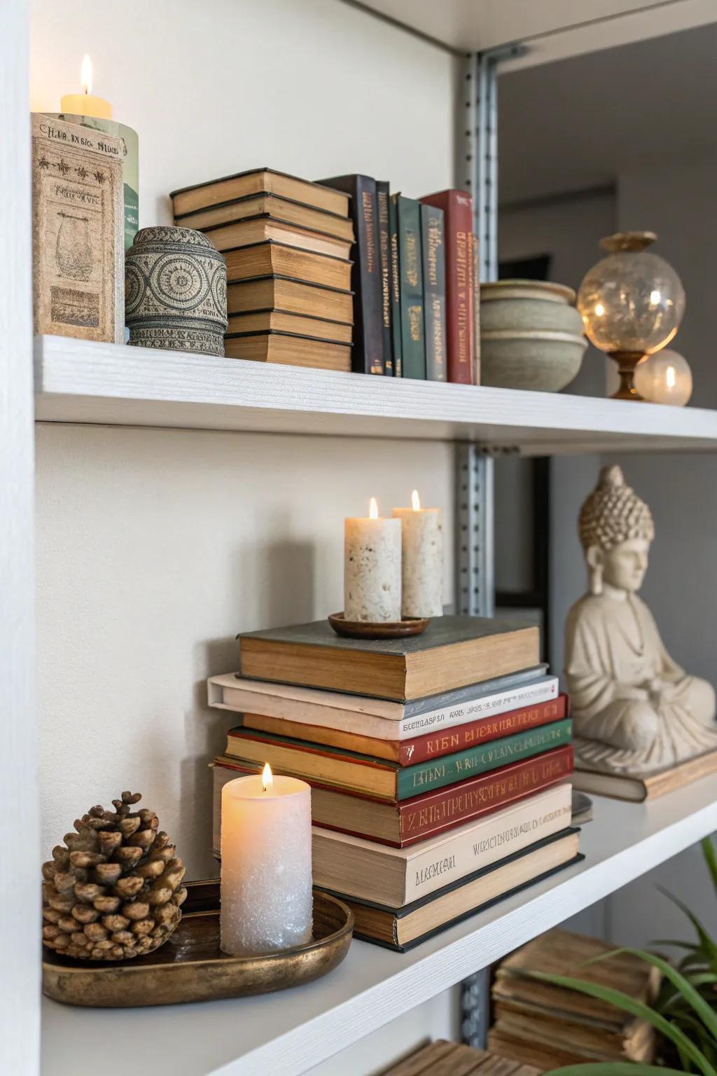 Layered books accompanied by sculptures and candles introduce depth to shelves.