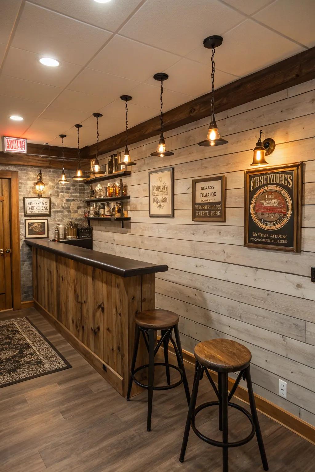 A country-style shiplap bar area in the basement, perfect for entertaining.