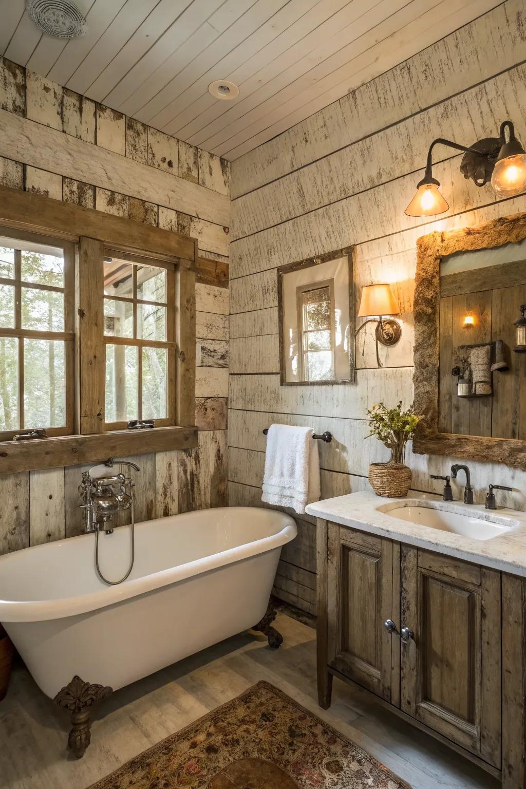 A bathroom featuring weathered wall plank walls and country-style decor.