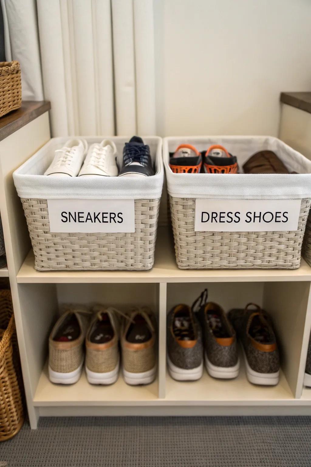 Labeled baskets ensure finding the right pair of shoes is a total breeze.