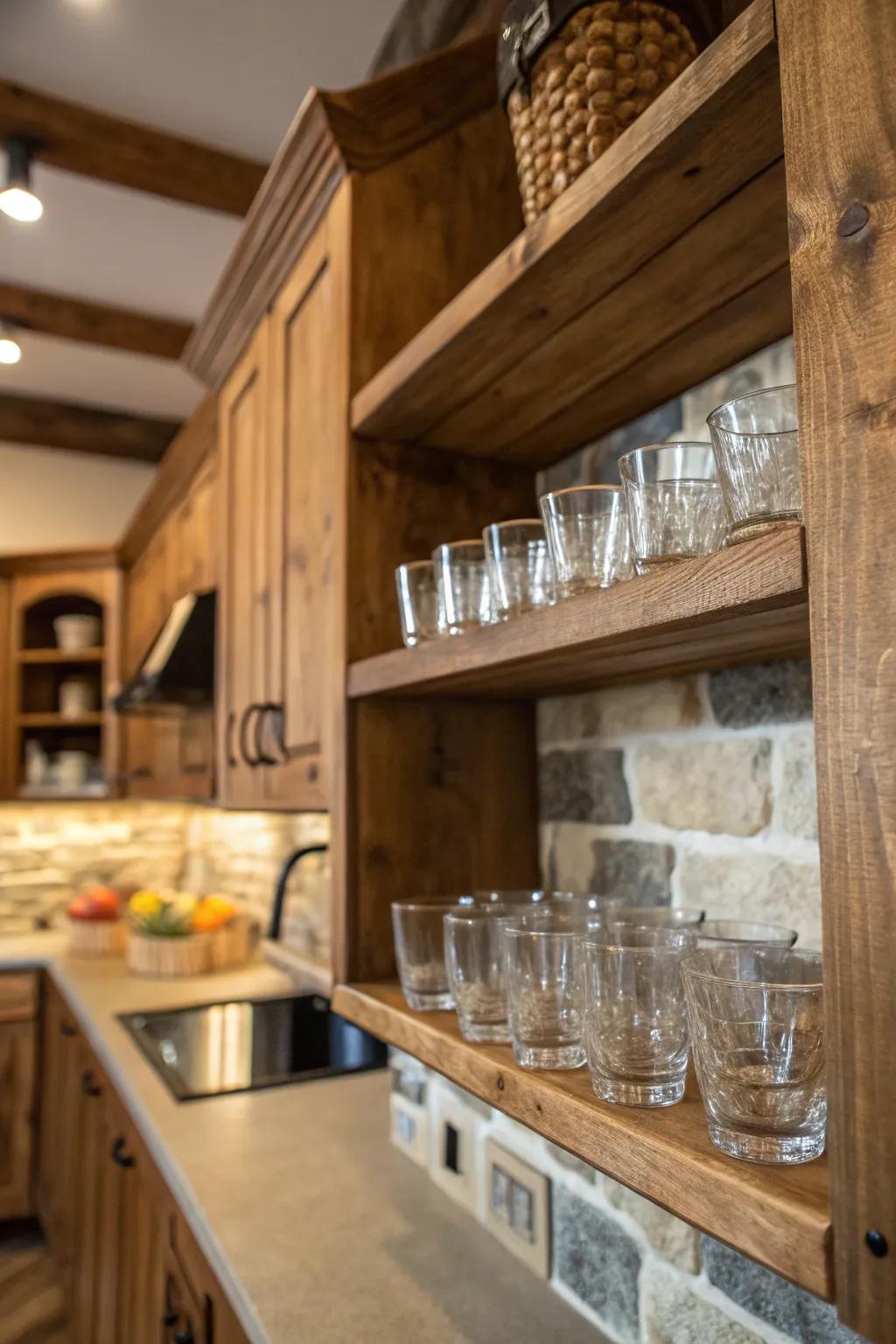 A farmhouse-styled culinary space showcases a wooden shelf with a classic appeal, adorned with collectible glasses.