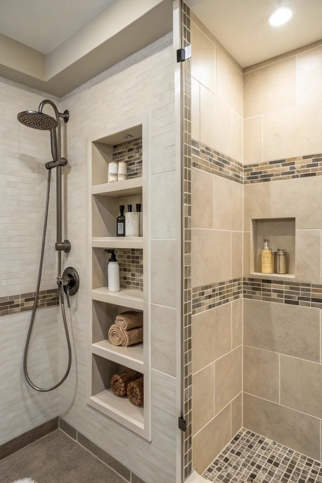A shower equipped with custom recessed nooks and elegant shelving arrangements.