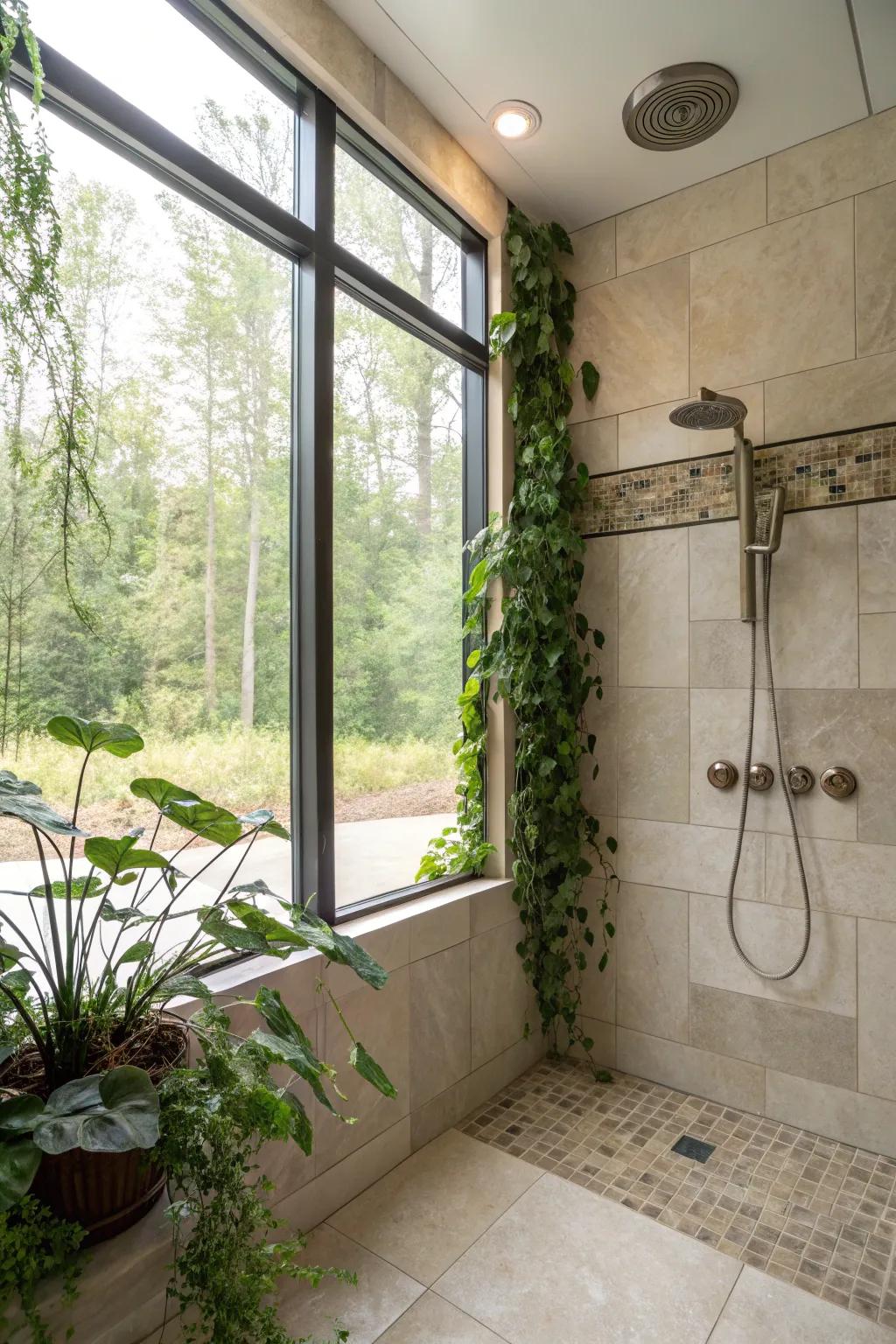 Sunlight streams into this shower, creating a peaceful and open ambiance.