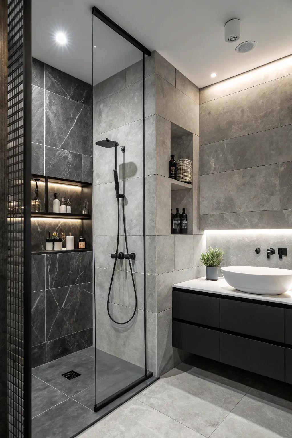Achieve enduring elegance with a monochromatic-themed shower flooring.