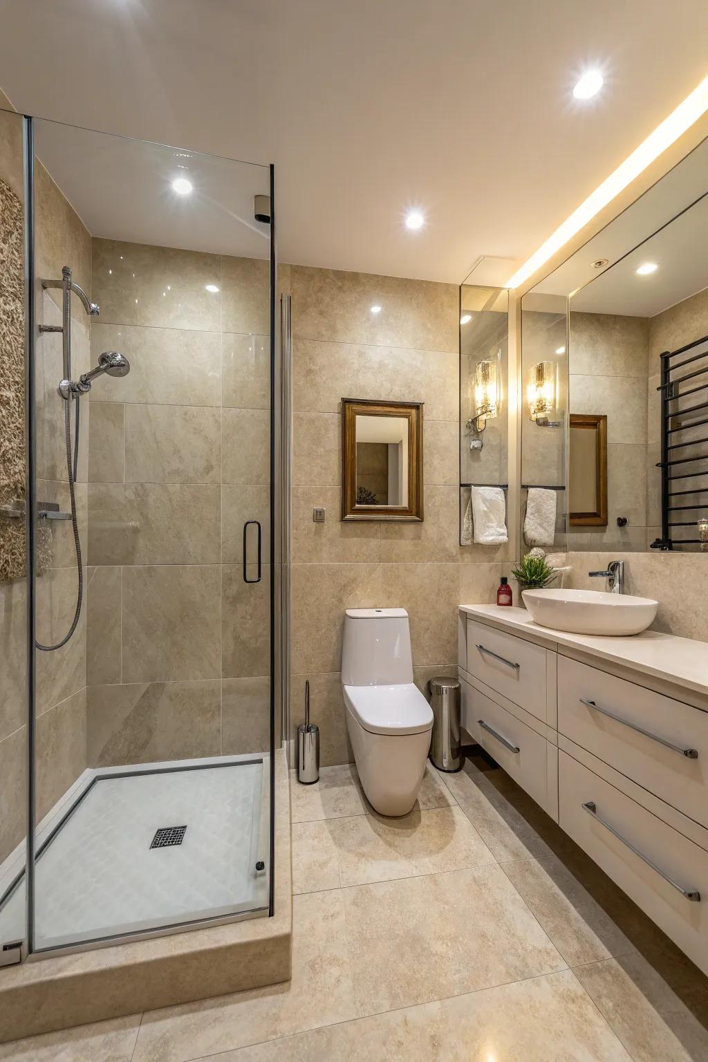 Balanced shades enhance light and area, ideal for compact bathrooms.