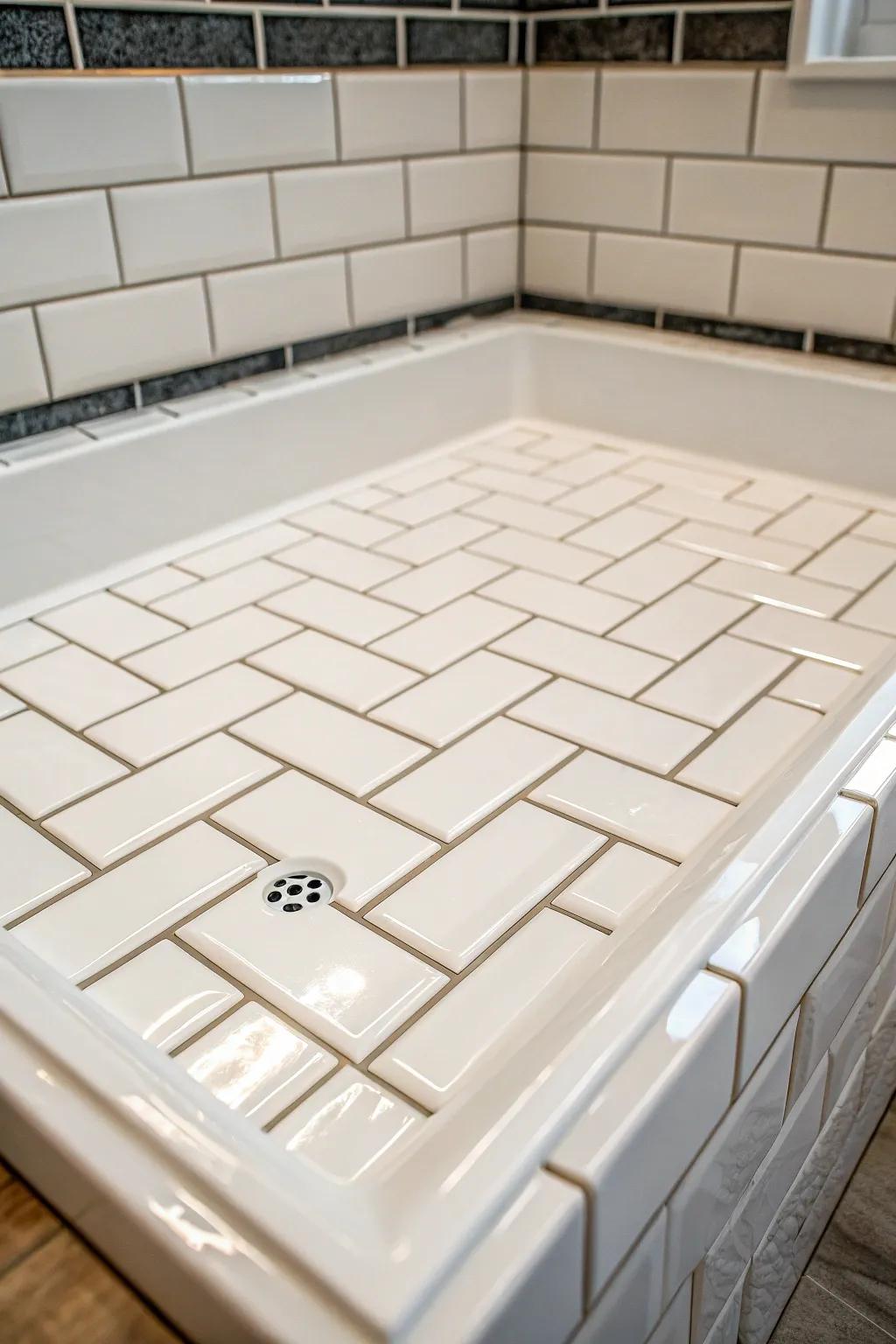 Ageless white long tiles on a shower base, delivering an ageless and neat look.