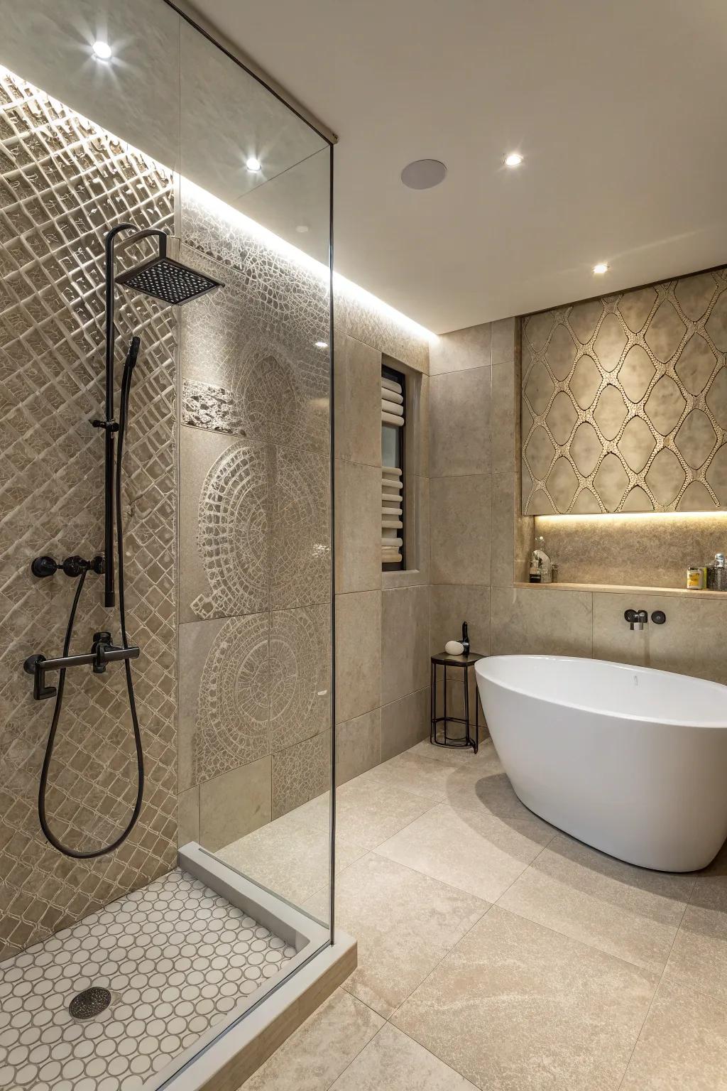 A luxurious shower space decorated with textured tiles for added depth.