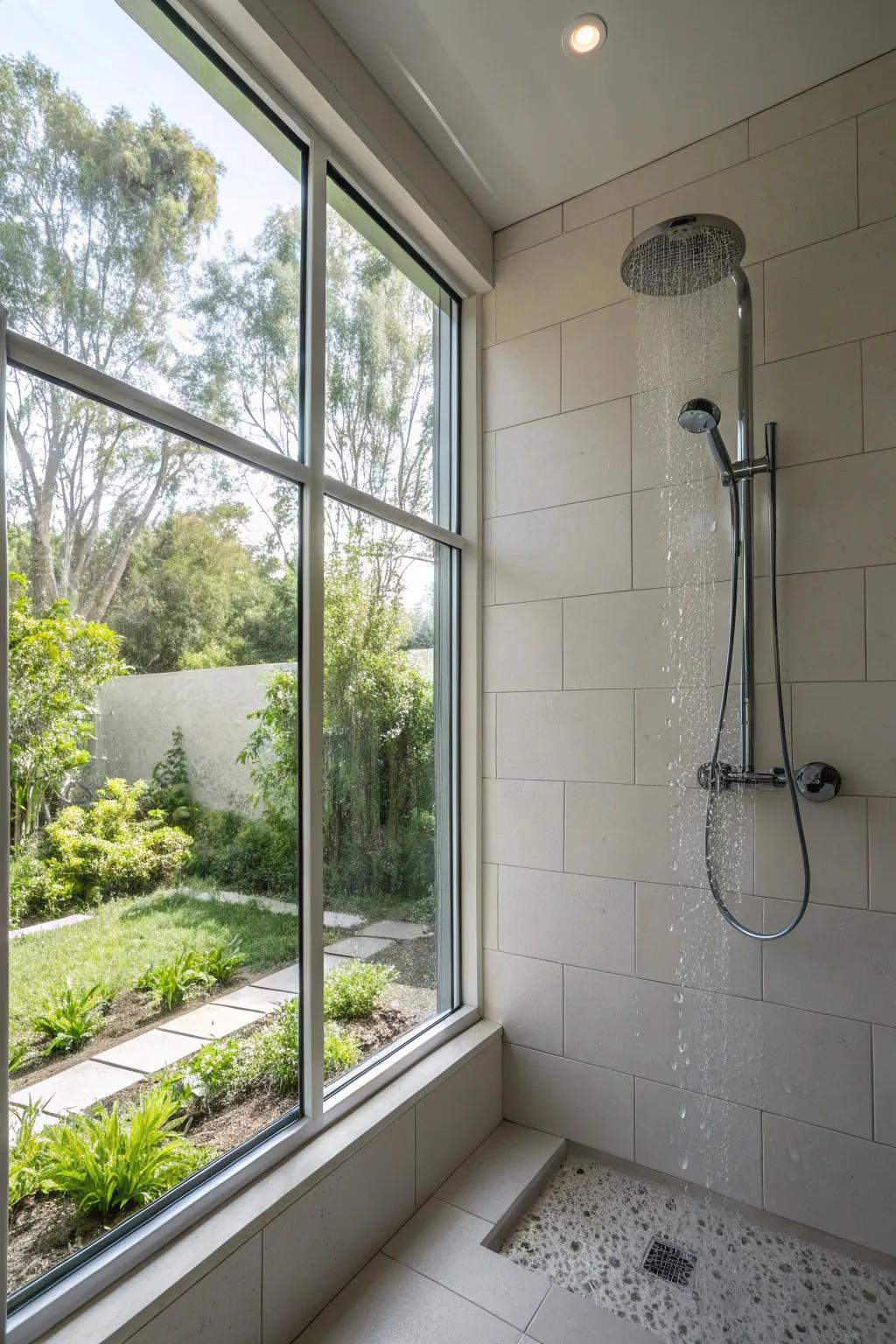 A sunlit and airy shower stall featuring a large window for ambient light.