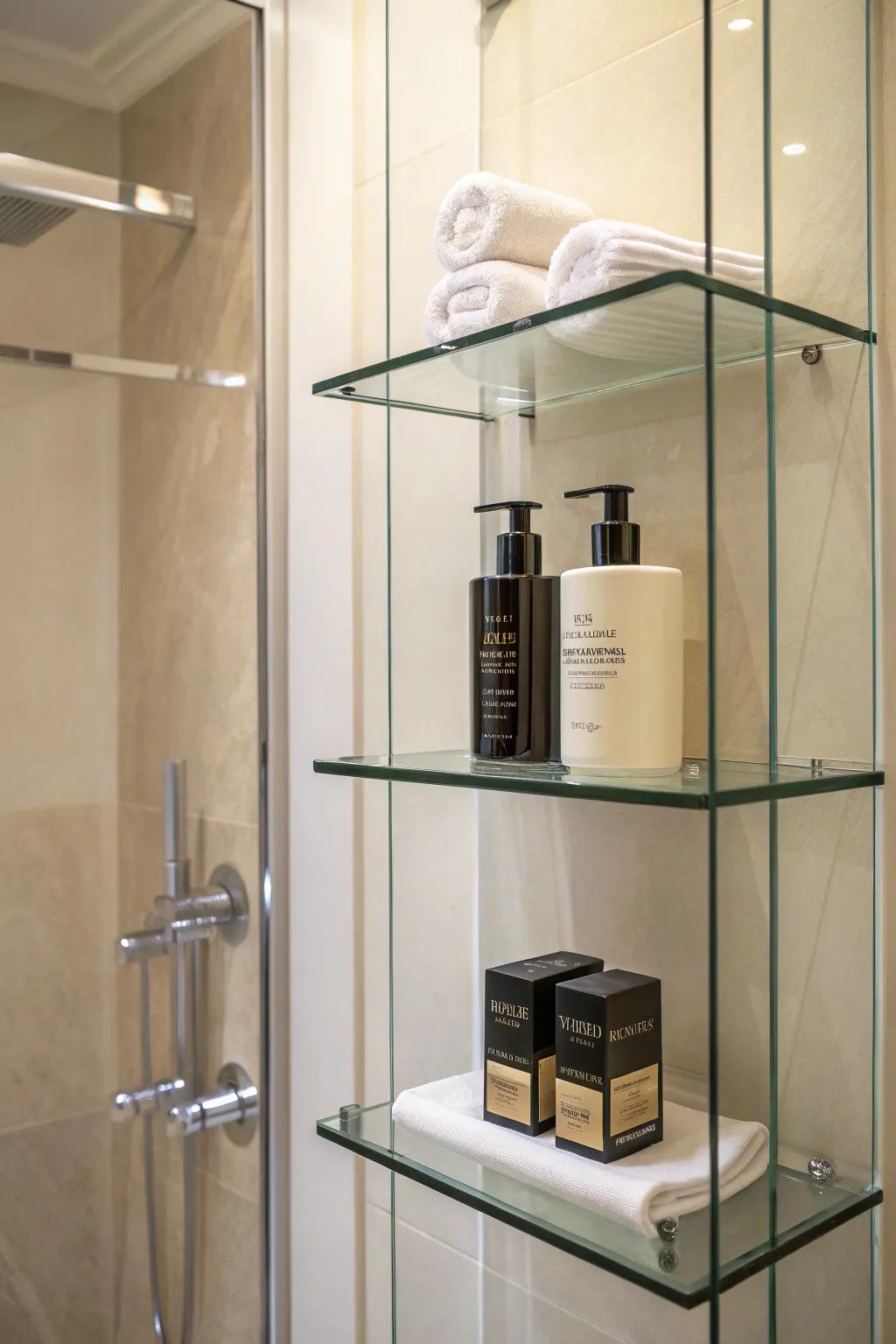 Glass shelves introduce a refined element to any shower setting.