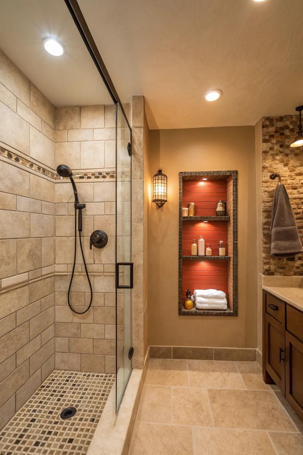 Emphasized walls with shelves enhance both style and utility.