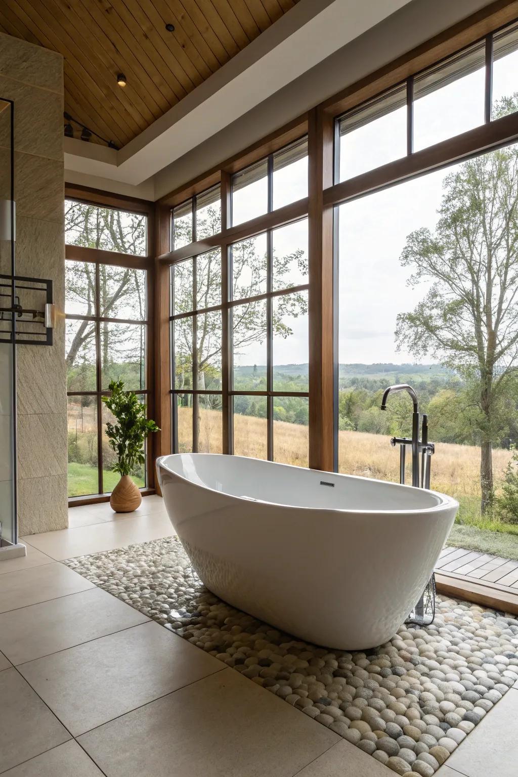 An audacious statement bathtub defines the space.