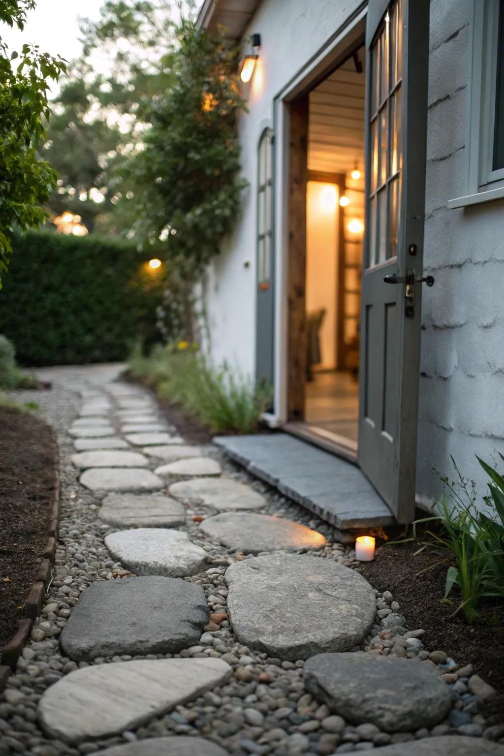 A quaint stone pathway directing to a side entrance.