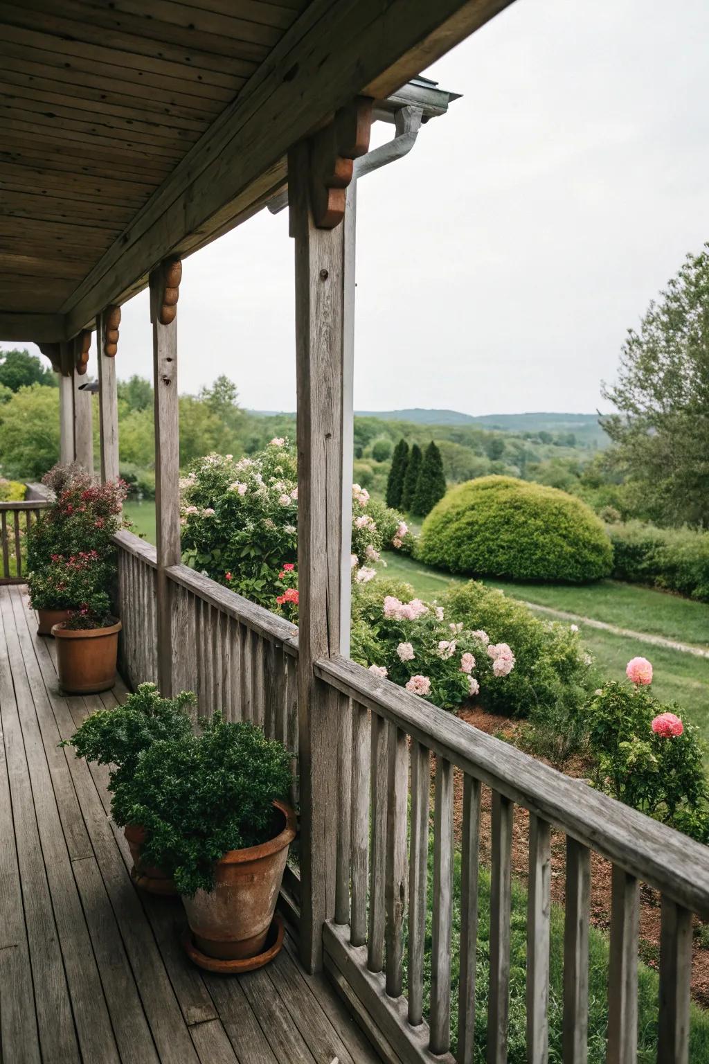 Charming wooden railings enhance the appeal of the side porch.