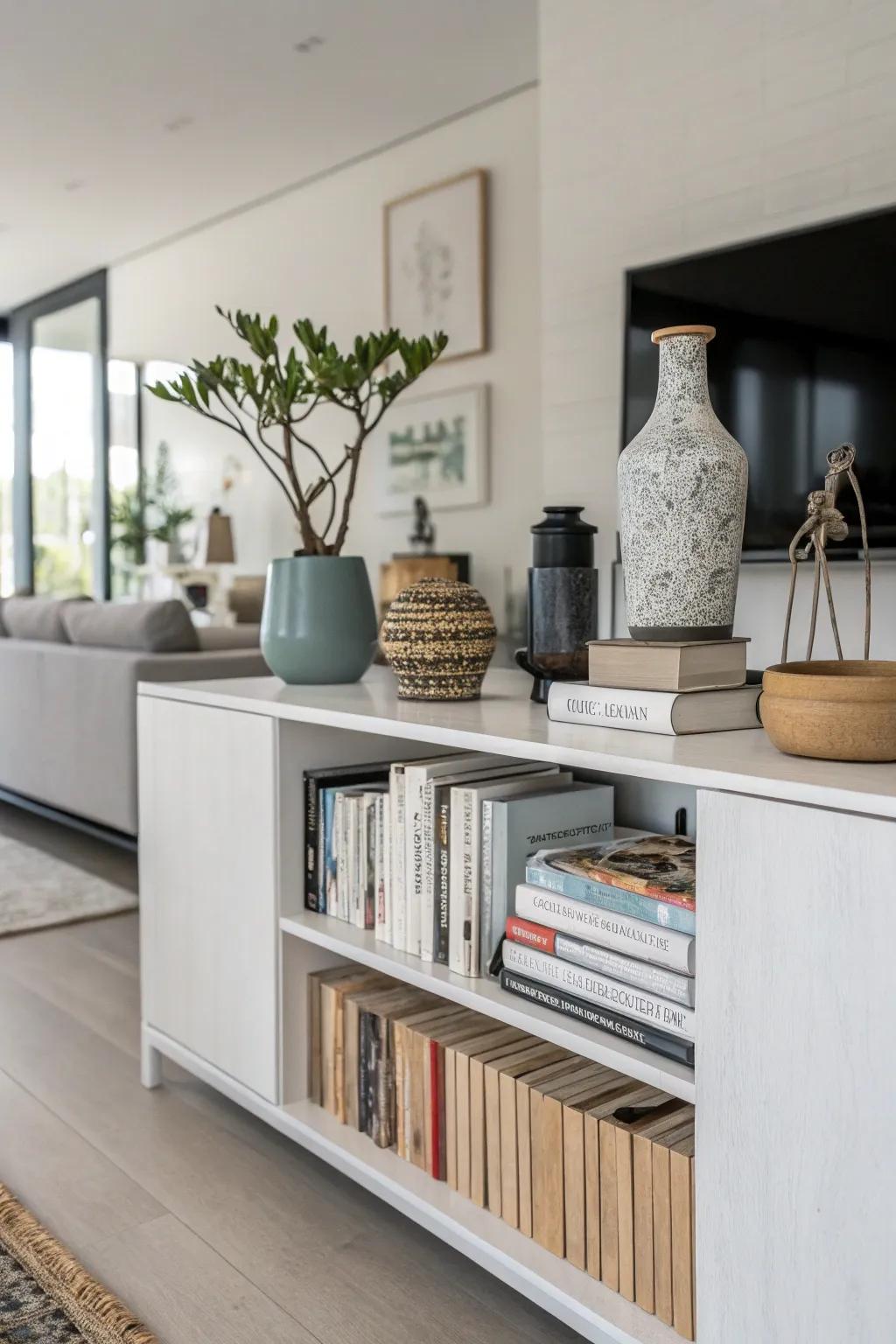 Reading material arranged on a credenza creates an interesting base for additional décor.