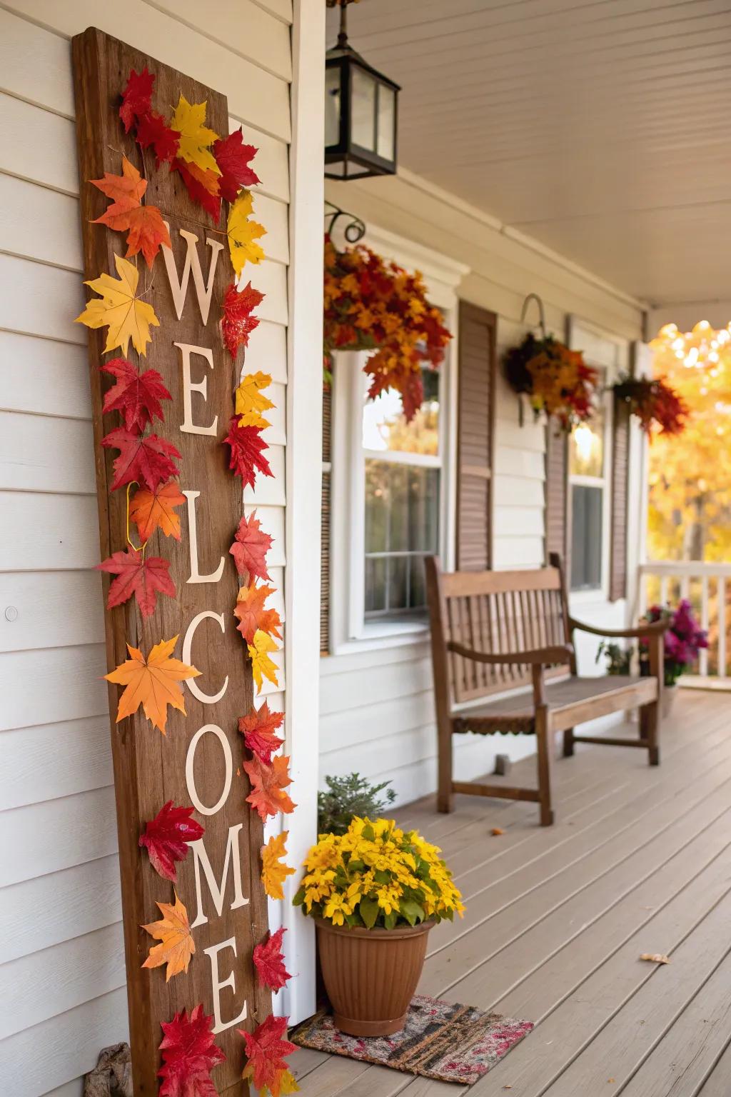 A doorway reveals a rotating seasonal display surrounded by fall foliage.