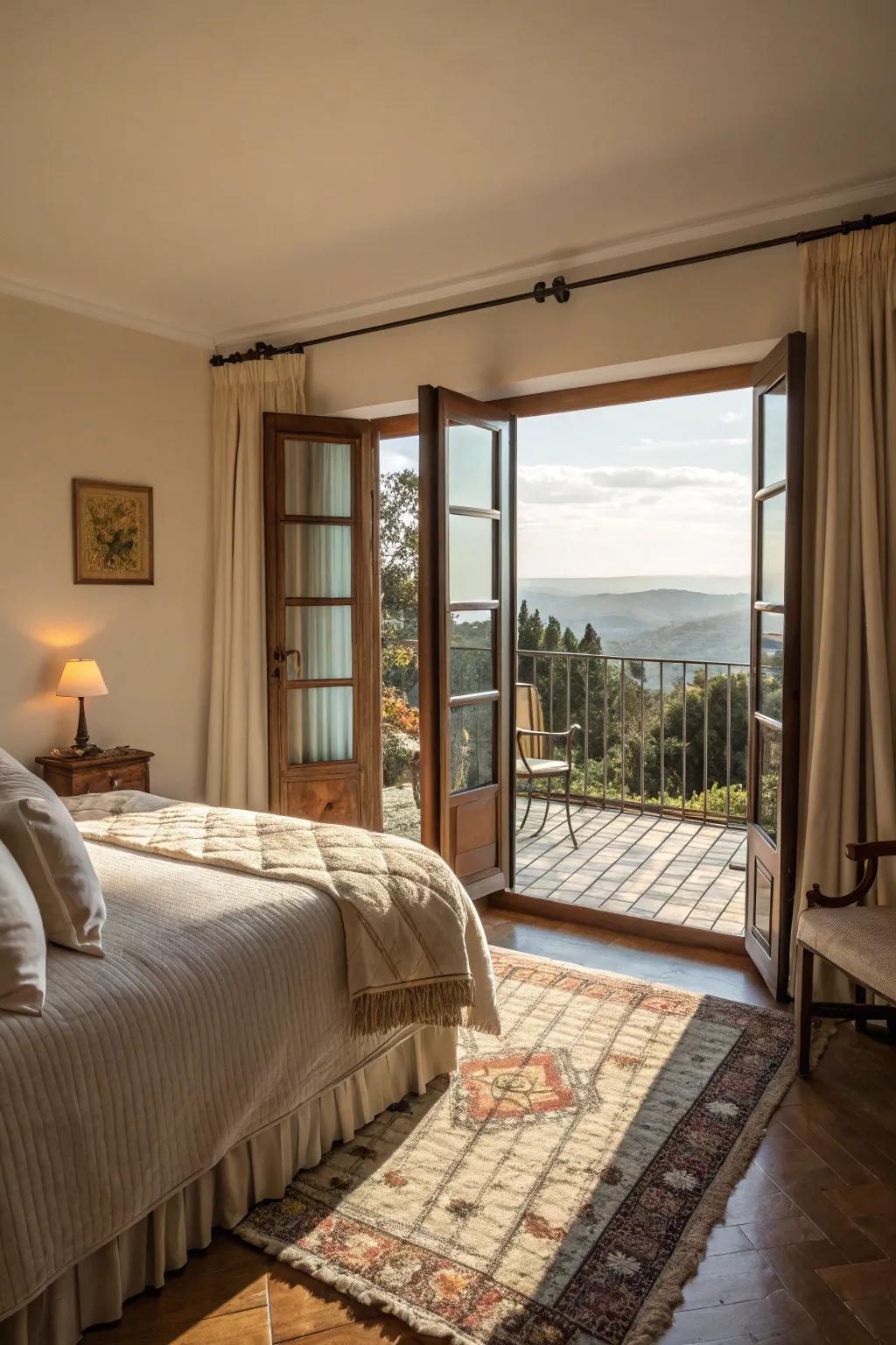 Comfortable bedroom textures leading to a quiet balcony.
